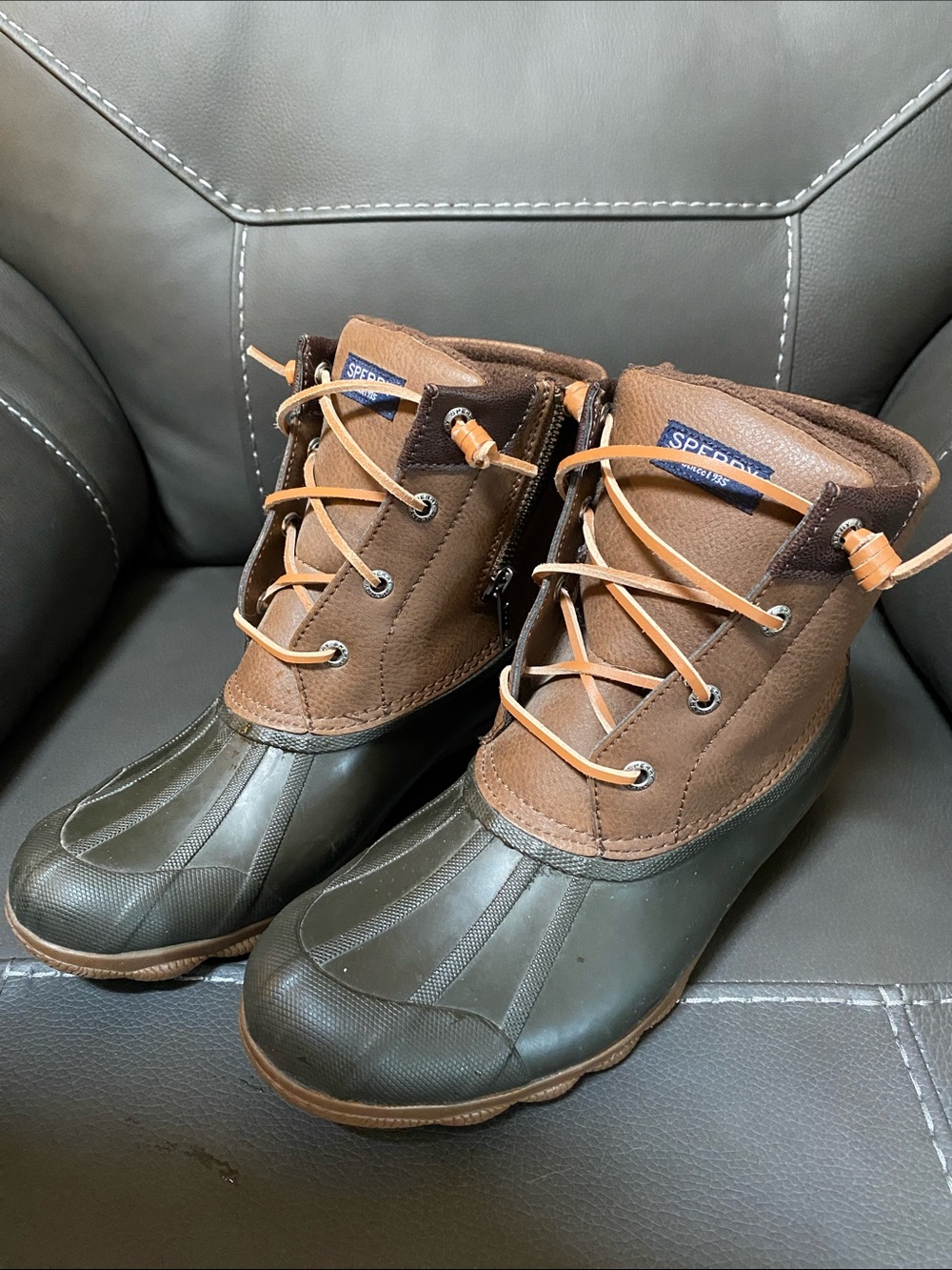 Sperry Brown Leather & Olive Green Rubber Duck Boots